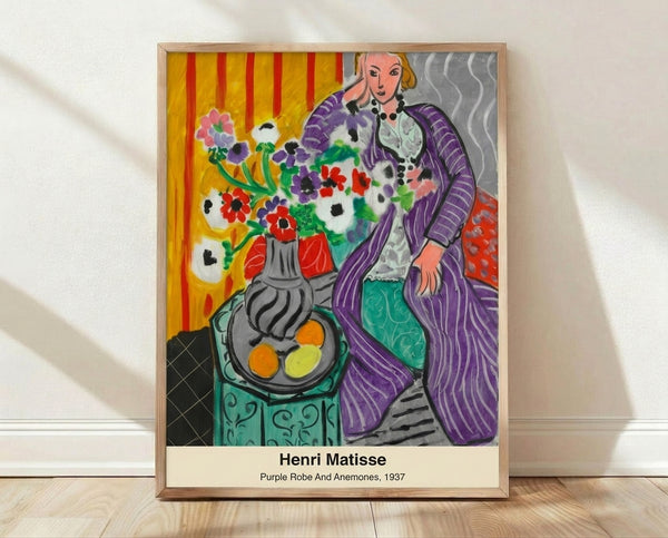 Abstract portrait of a woman in a flowing purple robe surrounded by vibrant anemone flowers in magenta and teal, rendered in modern Art Nouveau style with gold and cream accents.