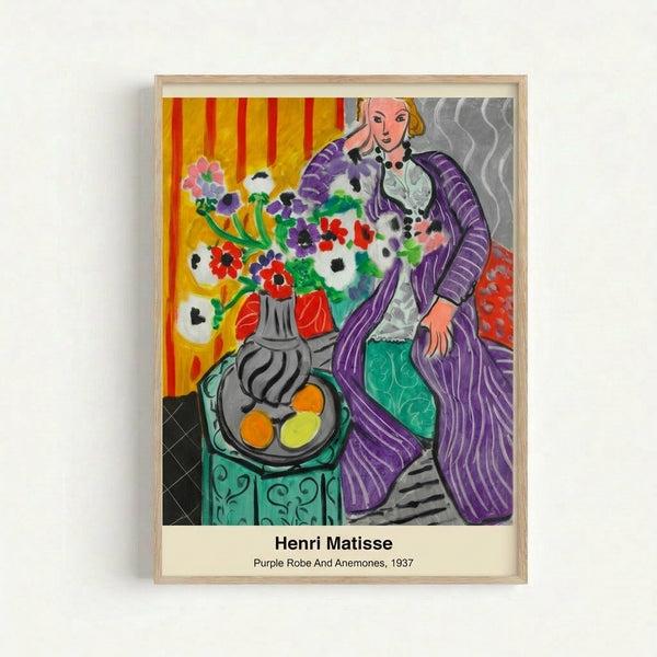 Framed modern art print featuring a sensual figure draped in purple fabric with delicate anemones in jewel tones, celebrating decorative sophistication through abstract botanical composition.