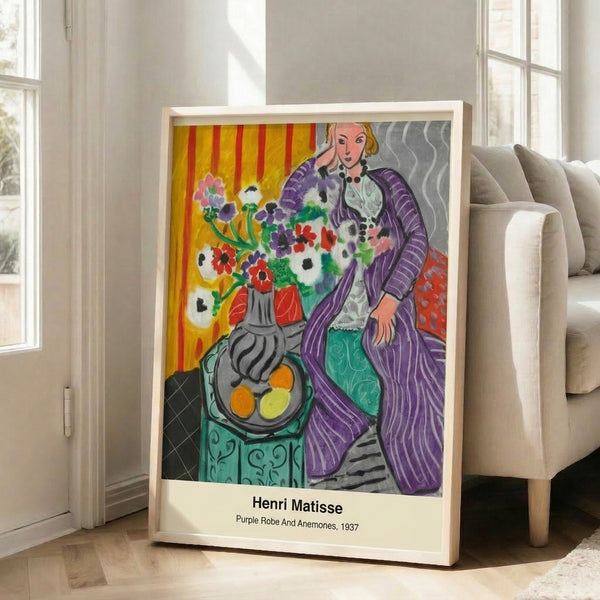 Vibrant modern poster showcasing a figure in a flowing purple garment surrounded by sophisticated anemone flowers in complementary magenta, teal, and cream tones.