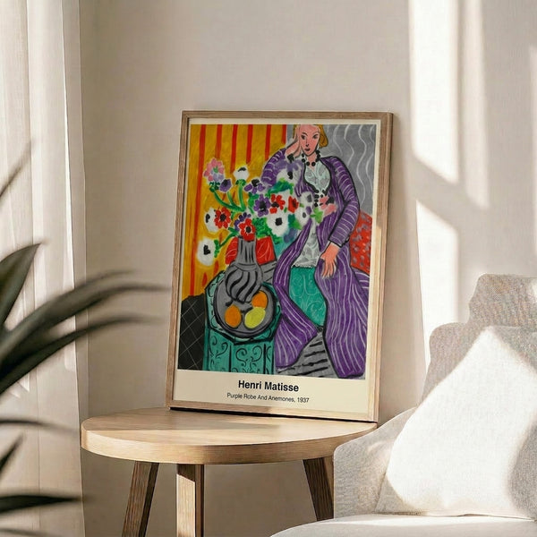 Abstract Art Nouveau-inspired print of a woman in a luxurious purple robe poised with sensual grace among boldly colored anemones in magenta, teal, and gold.