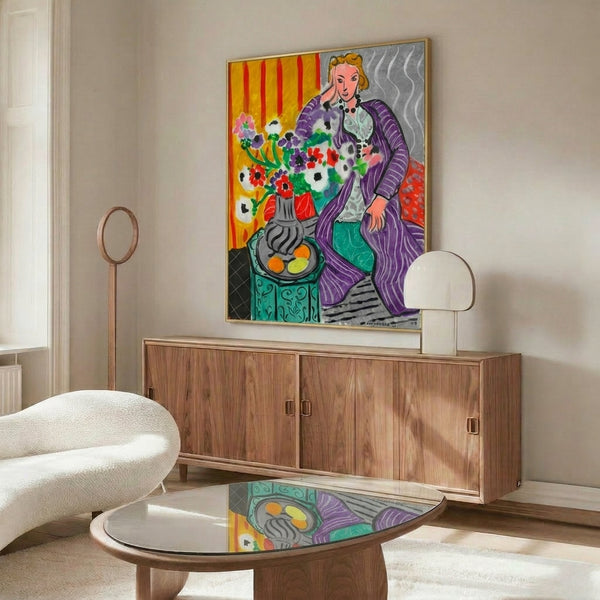 Framed contemporary art print with a figure in flowing purple garments and vibrant anemone flowers in an abstract, fauvist-inspired composition.