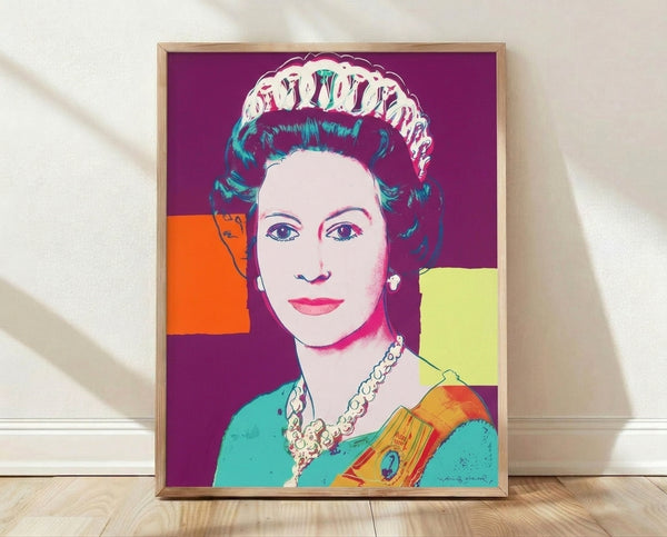 Pop art portrait of Queen Elizabeth II in vibrant jewel tones and gold accents, rendered in the bold graphic style of 1980s contemporary art.