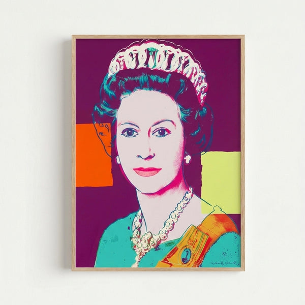 Framed pop art print featuring Queen Elizabeth II with striking color blocking and high-contrast silkscreen aesthetics characteristic of modern portrait art.