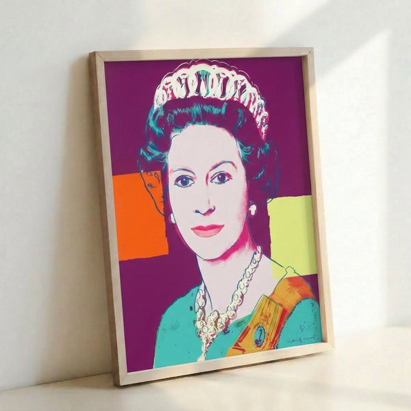 Queen Elizabeth II pop art portrait in rich blues, golds, and magentas displayed as a framed wall print with graphic, stylized execution.
