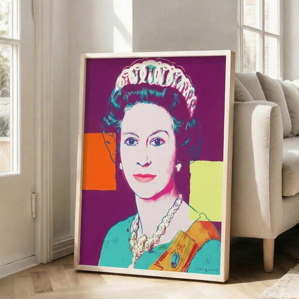 Vibrant pop art interpretation of Queen Elizabeth II with luminous colors and bold outlines, presented as a contemporary art print in a frame.