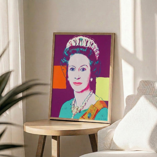 Regal portrait of Queen Elizabeth II rendered in pop art style with brilliant jewel-tone hues and dramatic color separation throughout the composition.