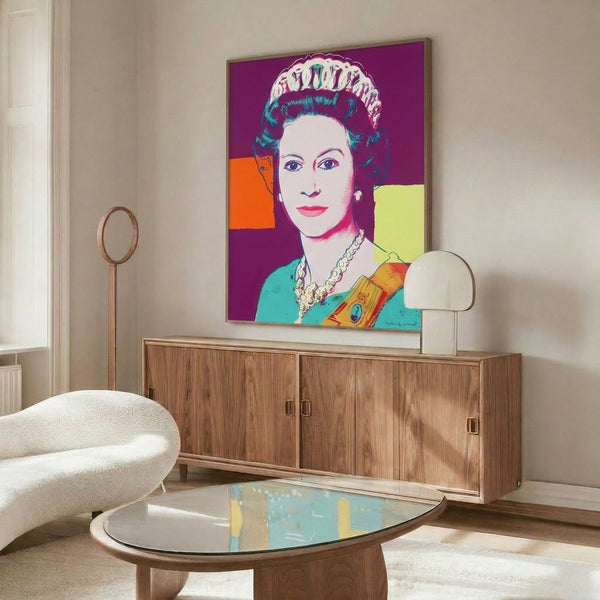 Pop art queen portrait featuring Elizabeth II in saturated colors and graphic design elements, framed as a striking modern wall art piece.