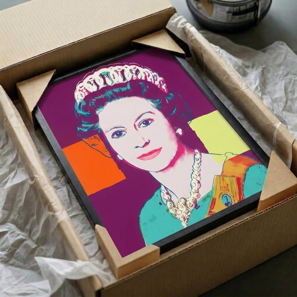 Queen Elizabeth II depicted in colorful pop art style with contrasting bold tones and contemporary artistic treatment, hung as a framed decorative print.