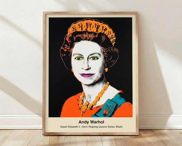 Pop art portrait of Queen Elizabeth II in black, white, and gray tones, featuring a stylized faceless mask design in modern minimalist style, framed as a wall poster.