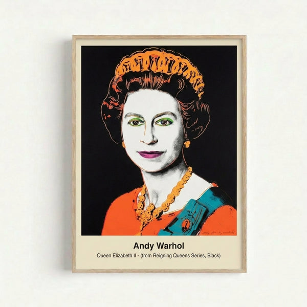 Iconic pop art print depicting Queen Elizabeth II with an abstracted, faceless appearance in monochromatic black and white, exemplifying sophisticated and provocative contemporary artwork.