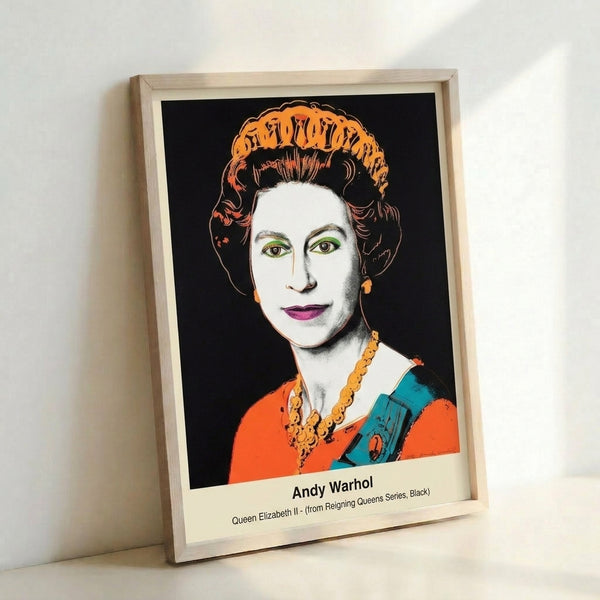 Minimalist pop art poster of a regal figure rendered as a stark black, white, and gray portrait with an enigmatic masked expression, displayed framed on a wall.