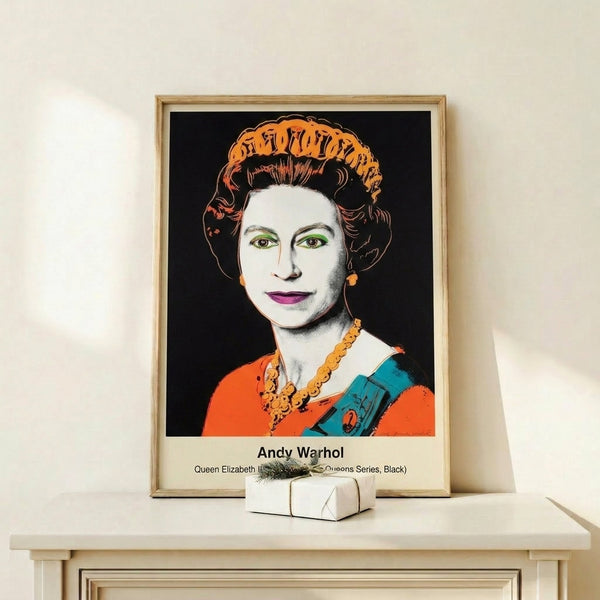 Black and white pop art print featuring Queen Elizabeth II as a bold, faceless silhouette portrait with striking monochromatic contrast and modern minimalist aesthetics.