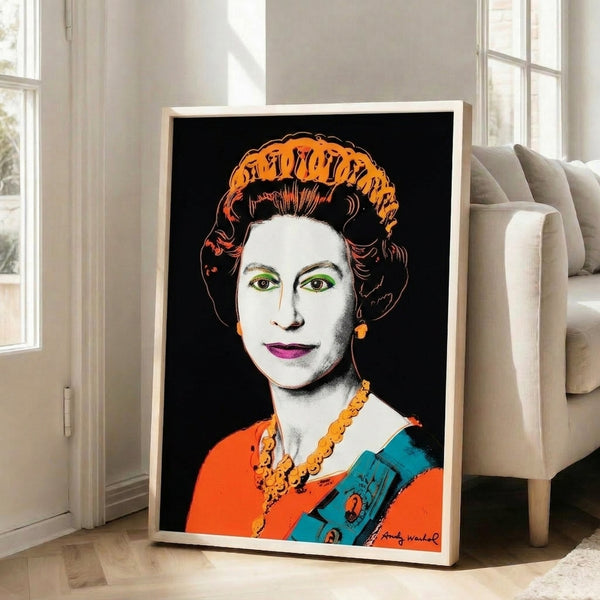 Sophisticated pop art wall print showing an abstracted royal portrait in grayscale tones with a provocative faceless design in contemporary minimalist style.