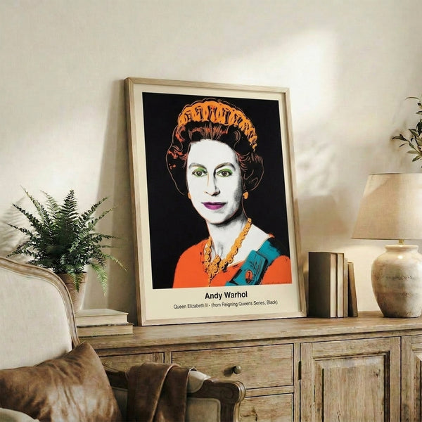 Pop art poster of an iconic figure rendered as a stylized black and white portrait with a mysterious masked face, framed modern wall decor in minimalist aesthetic.