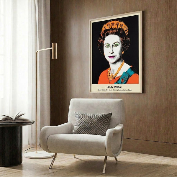 Monochromatic pop art print depicting a regal queen portrait with an abstracted, faceless mask design in black, white, and gray tones, sophisticated contemporary wall art.