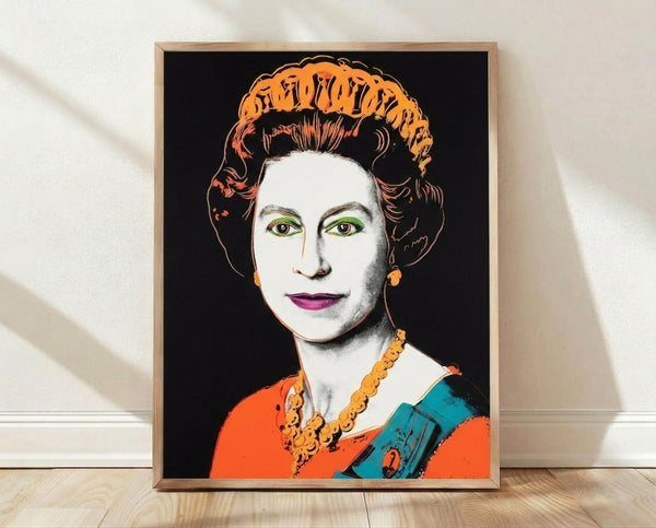 Pop art portrait of Queen Elizabeth II in bold black and jewel tones, framed on a wall as a modern art print inspired by the Reigning Queens series.