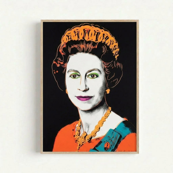 Vibrant royal portrait poster featuring Queen Elizabeth II in striking pop art style with rich gemstone colors and graphic design elements.