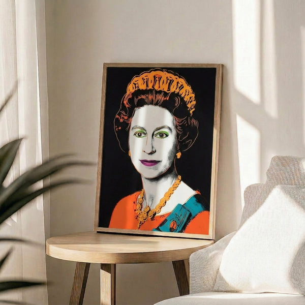 Regal pop art portrait of Queen Elizabeth II with luxurious jewel-tone palette, framed as a sophisticated contemporary wall decoration.