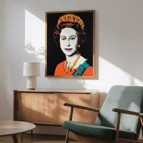 Bold graphic portrait of Queen Elizabeth II in vibrant pop art style featuring striking color contrasts, presented as a framed art print.