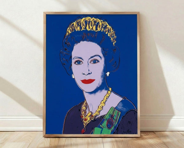 Pop art portrait of Queen Elizabeth II in vibrant blue tones, featuring bold graphic styling and simplified facial features characteristic of Warhol's Reigning Queens series, framed as a modern wall art print.