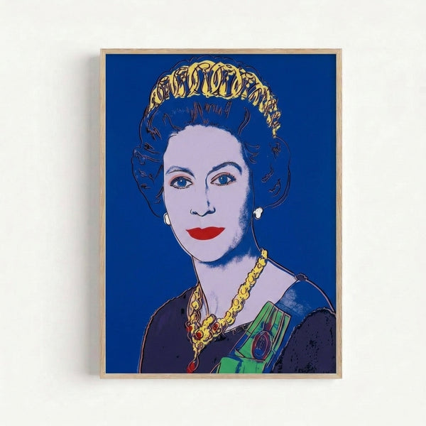 Blue-toned pop art print depicting Queen Elizabeth II with flattened, iconic imagery and high-contrast colors typical of contemporary pop art movement, displayed as a framed poster.