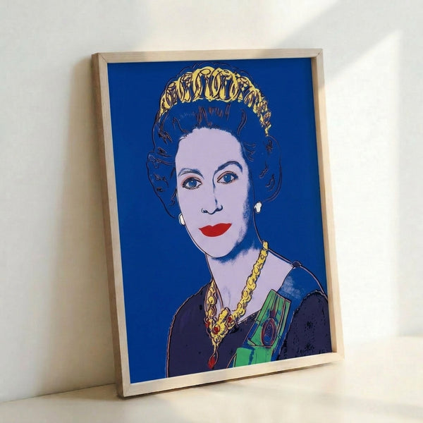 Vibrant pop art interpretation of Queen Elizabeth II using electric blue palette and graphic silkscreen-style technique, creating a bold statement piece for modern interior spaces.