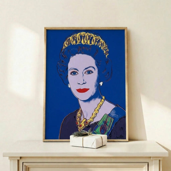 Framed pop art poster of Queen Elizabeth II rendered in striking blue hues with simplified forms and repetitive graphic elements from the Reigning Queens series.