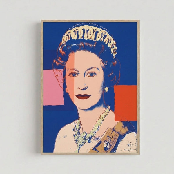 Framed pop art print depicting Queen Elizabeth II with striking blue color palette and flattened, abstracted features in the style of 1970s silkscreen printmaking.