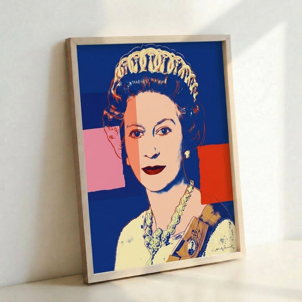 Bold pop art interpretation of Queen Elizabeth II rendered in vivid blues and grays, showing the iconic subject in simplified, graphic form typical of Warhol's contemporary masterpiece approach.