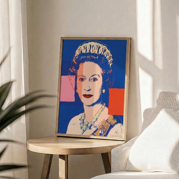 Vibrant blue-toned pop art portrait of Queen Elizabeth II with stylized, minimalist facial features and high-contrast graphic composition from the famous Reigning Queens series.