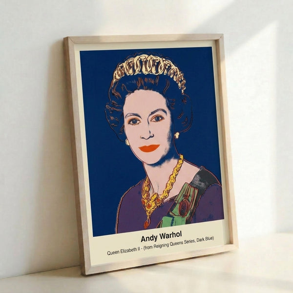 Dark blue and white pop art interpretation of a regal portrait, displayed as a framed modern art print with bold, simplified forms.
