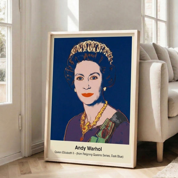 Contemporary art print on wall showing a stylized portrait in dark blue and white, exemplifying pop art aesthetics with regal, iconic mood.