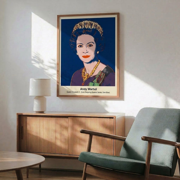 Framed pop art poster featuring a simplified royal portrait rendered in dark blue, white, and gold tones with modern minimalist composition.