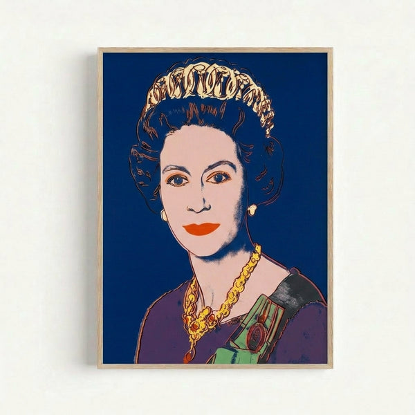 Vibrant pop art print depicting Queen Elizabeth II with abstracted features against a rich dark blue background, characteristic of the Reigning Queens collection.