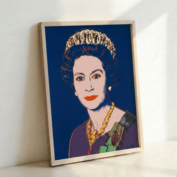 Framed pop art poster of Queen Elizabeth II rendered in deep blue with simplified, geometric facial planes and bright accent colors, modern wall art.