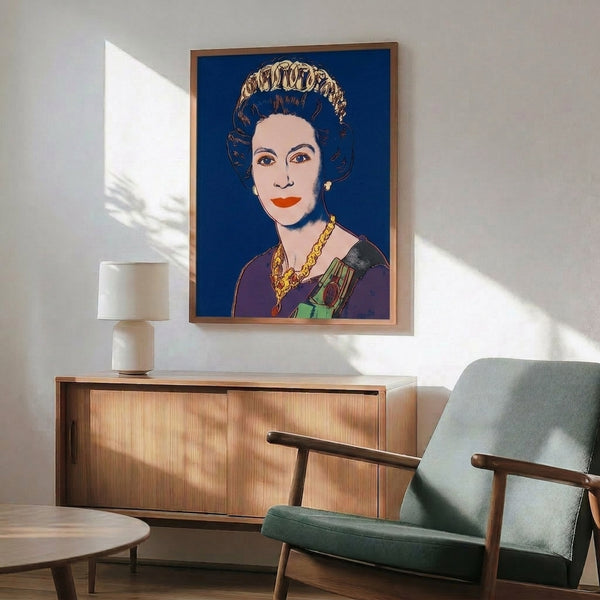 Contemporary pop art framed poster featuring Queen Elizabeth II with flattened forms and striking dark blue palette, high-contrast color blocking throughout.