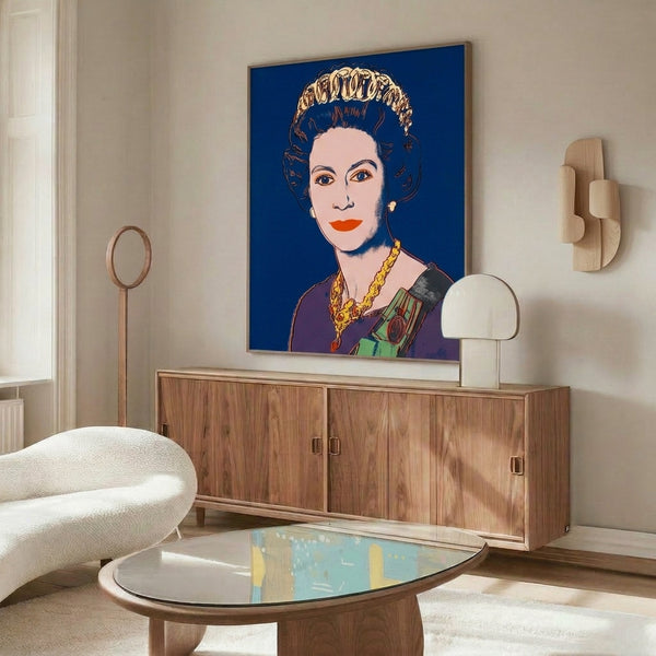 Dark blue pop art interpretation of Queen Elizabeth II with simplified contours and vivid color accents, Reigning Queens series aesthetic on gallery wall.