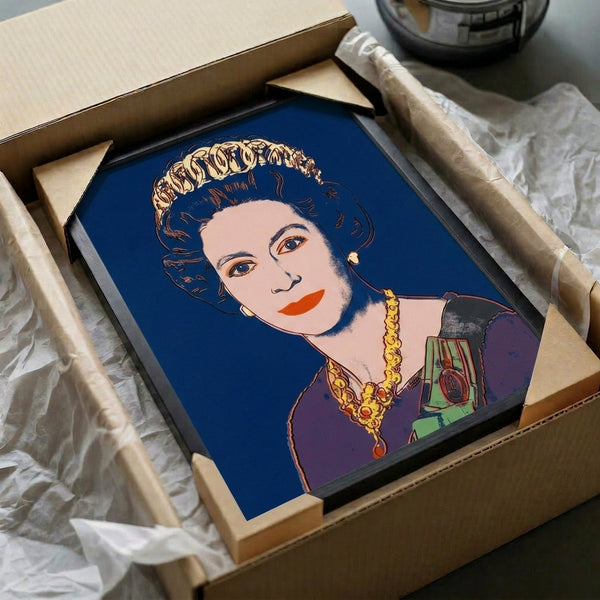 Pop art royal portrait in deep blue tones showing Queen Elizabeth II with abstract facial treatment and chromatic vibrancy, modern decorative print.