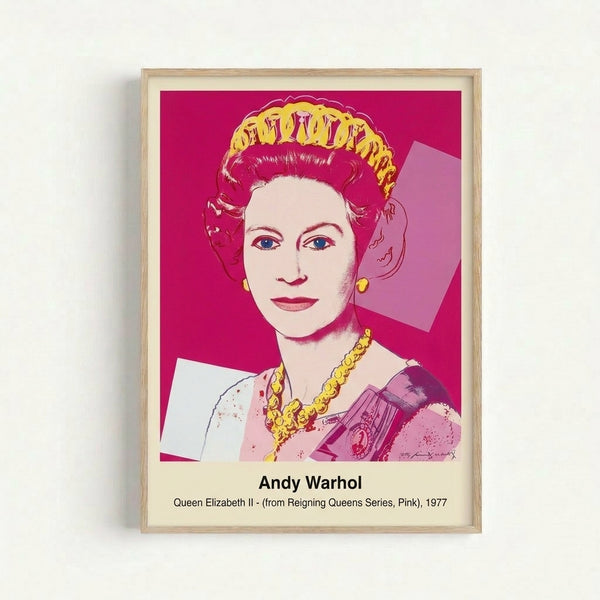 Contemporary pop art print featuring a stylized royal portrait in hot pink, white, and gold accents, showcasing modern reinterpretation of a famous queen.