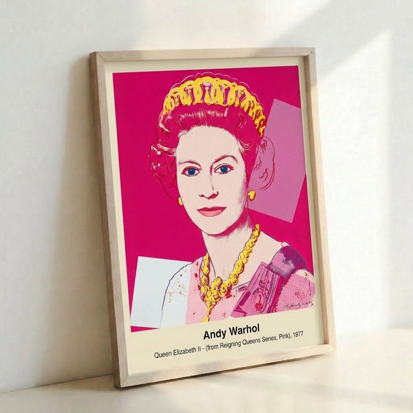 Warhol-style pop art poster with striking magenta and pink hues depicting a regal silhouette, creating an iconic and bold statement piece.