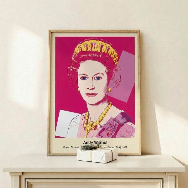 Modern pop art wall print in vivid pink and black tones presenting a glamorous, faceless royal portrait with contemporary artistic flair.