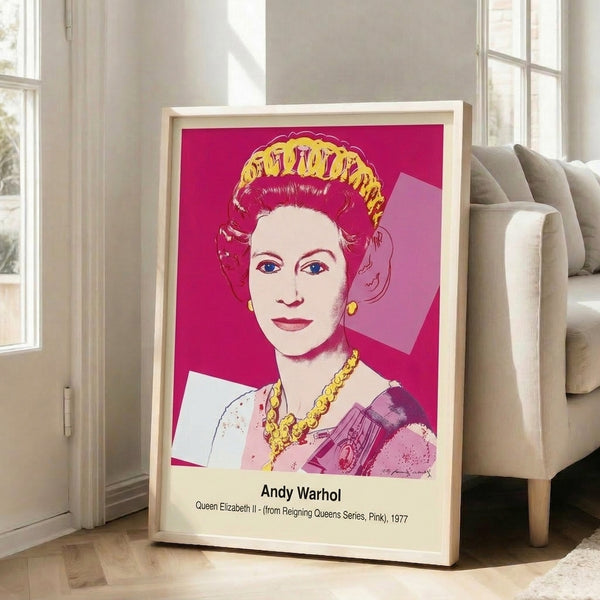Pop art reinterpretation of royalty rendered in bright magenta, soft pink, and gold highlights against a bold graphic background.