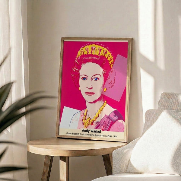 Vibrant pop art poster featuring a stylized queen's portrait in hot pink and black with gold accents, exemplifying modern iconic art.