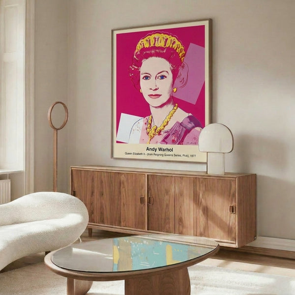 Contemporary pop art print showcasing regal imagery in striking pink, magenta, and white tones with a boldly simplified, iconic composition.