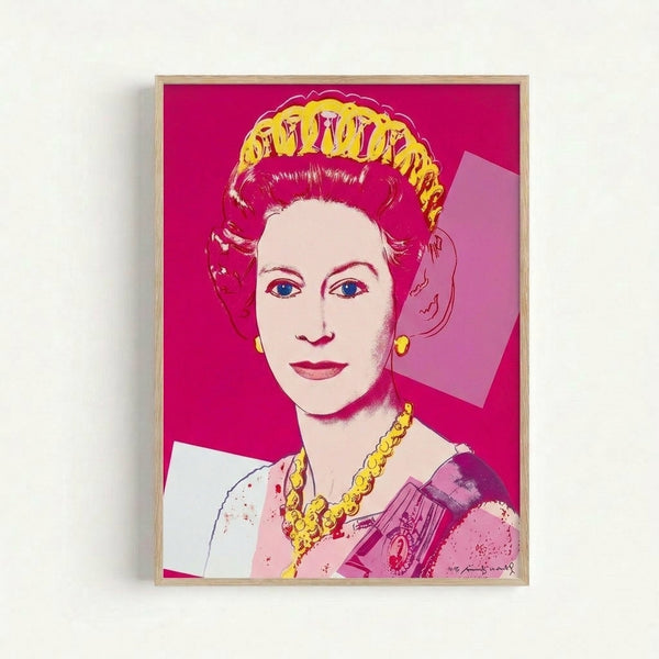 Stylized silkscreen-style portrait featuring Queen Elizabeth II in bold pink hues, characteristic of Warhol's iconic pop art aesthetic and royal subject matter.