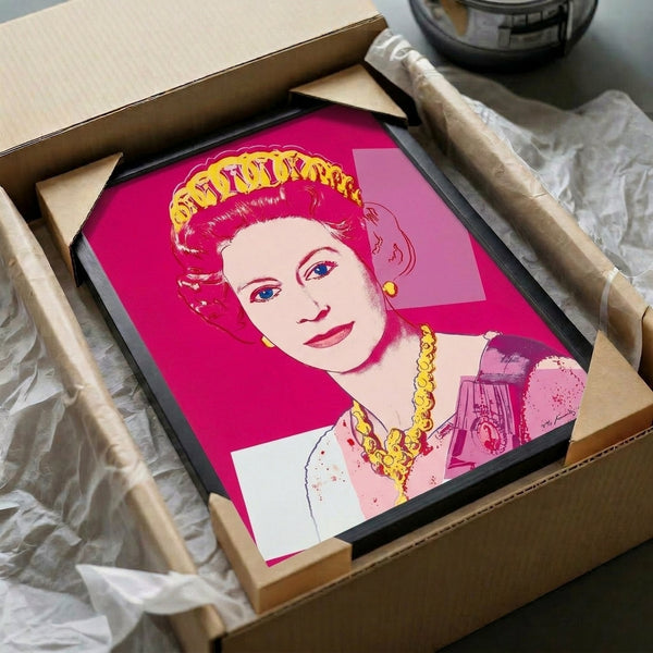 Warhol-style pop art rendering of Queen Elizabeth II featuring vivid pink coloring and iconic silkscreen techniques, presented as a modern wall poster.