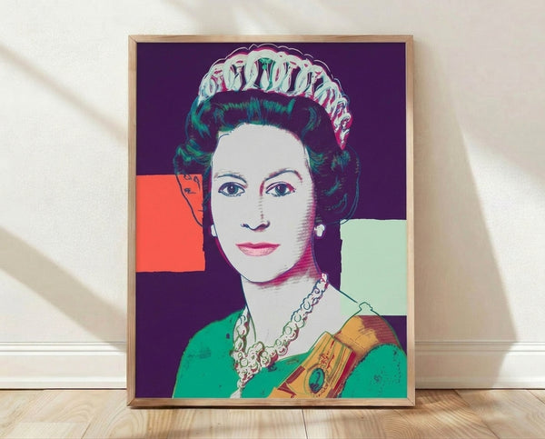 Pop art portrait of Queen Elizabeth II in vibrant purple tones, framed on a wall as a modern art print inspired by the Reigning Queens series.