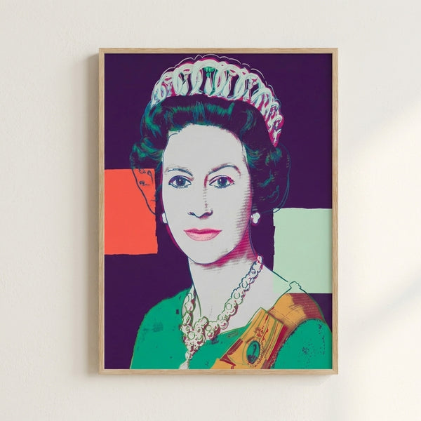 Stylized royal portrait featuring Queen Elizabeth II rendered in bold purple hues, displayed as a contemporary pop art poster.