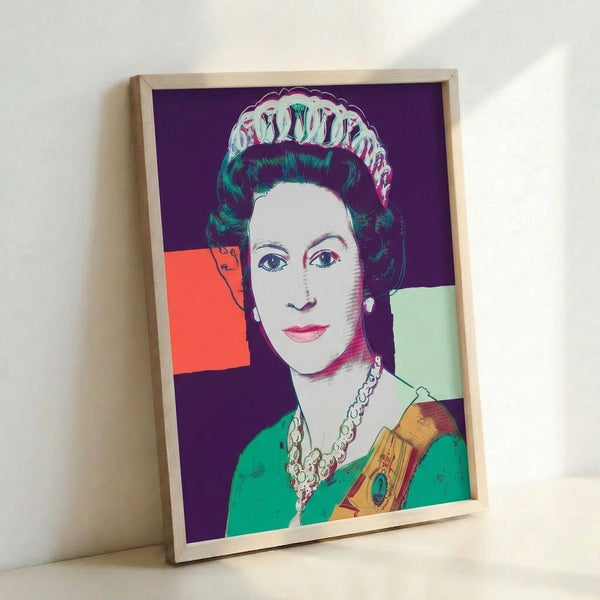 Purple-toned pop art print of Queen Elizabeth II from the iconic Reigning Queens collection, showcasing the distinctive style of celebrity portraiture.