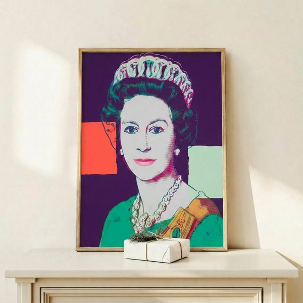 Framed pop art representation of Queen Elizabeth II in purple, reflecting the boldness of contemporary royal imagery.